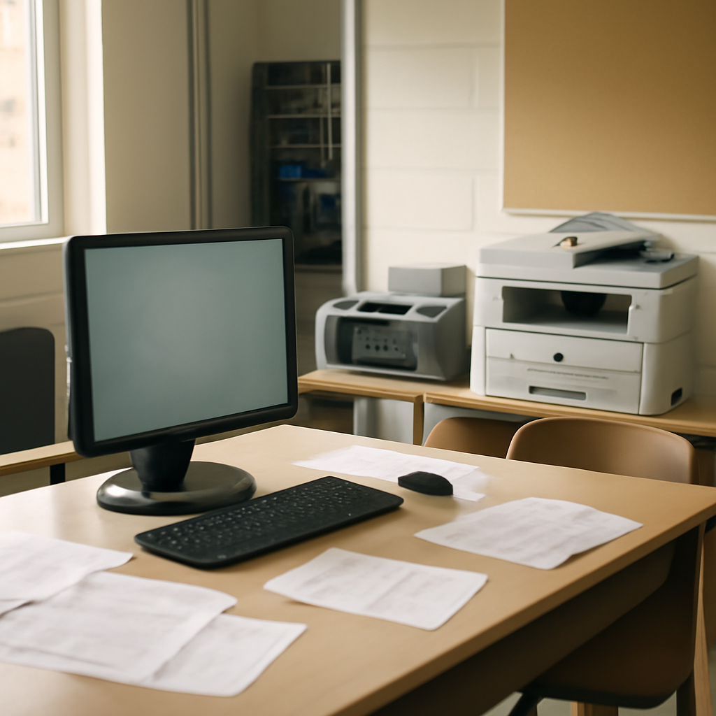 School office with computer, printer, and papers on a desk, hint of network equipment in background.