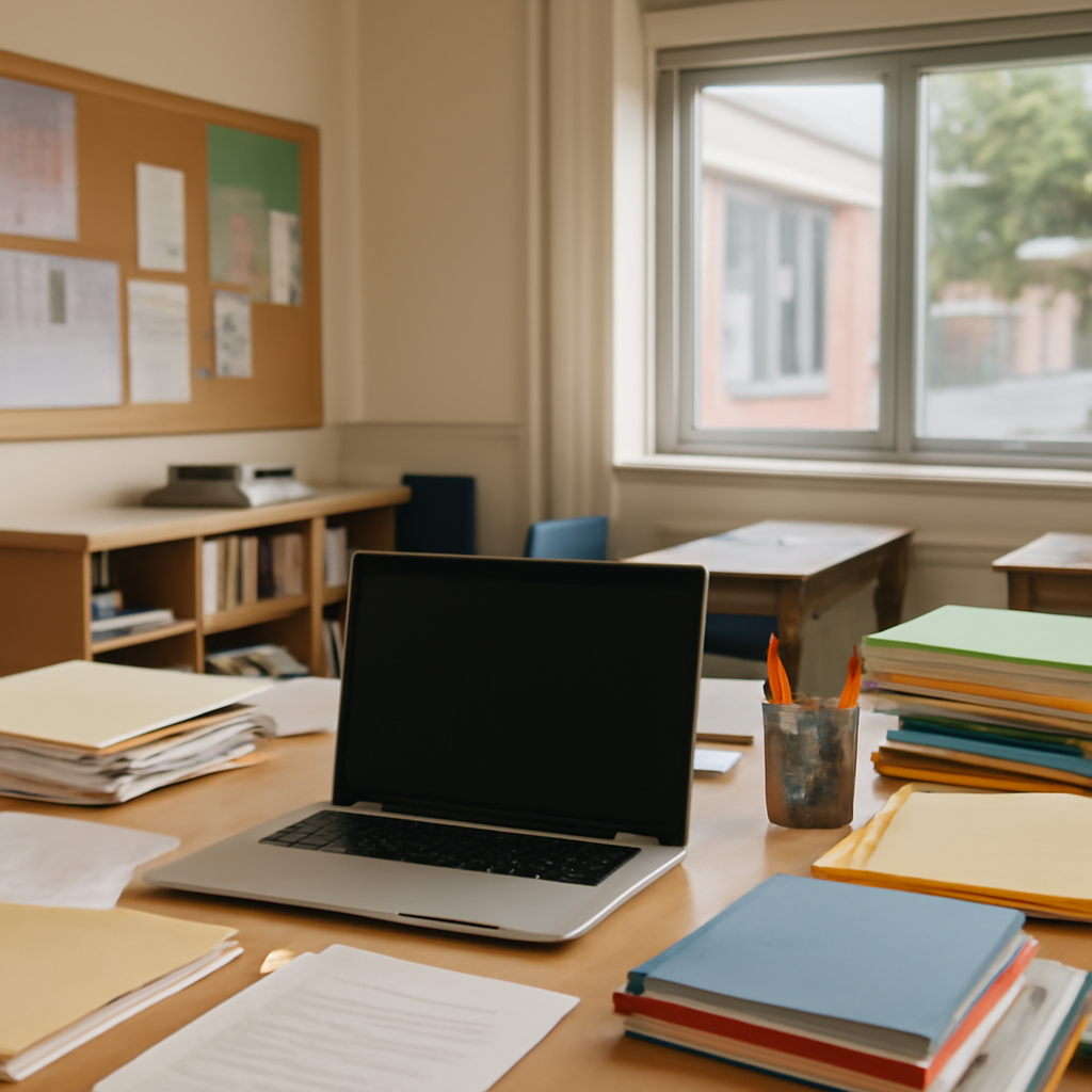 School office with computer and papers, natural light from window in background.
