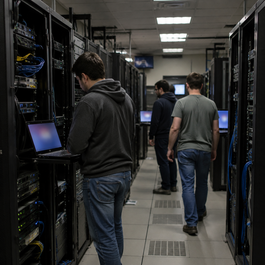 Technicians in a dimly lit server room examine equipment and laptops amidst rows of racked servers.