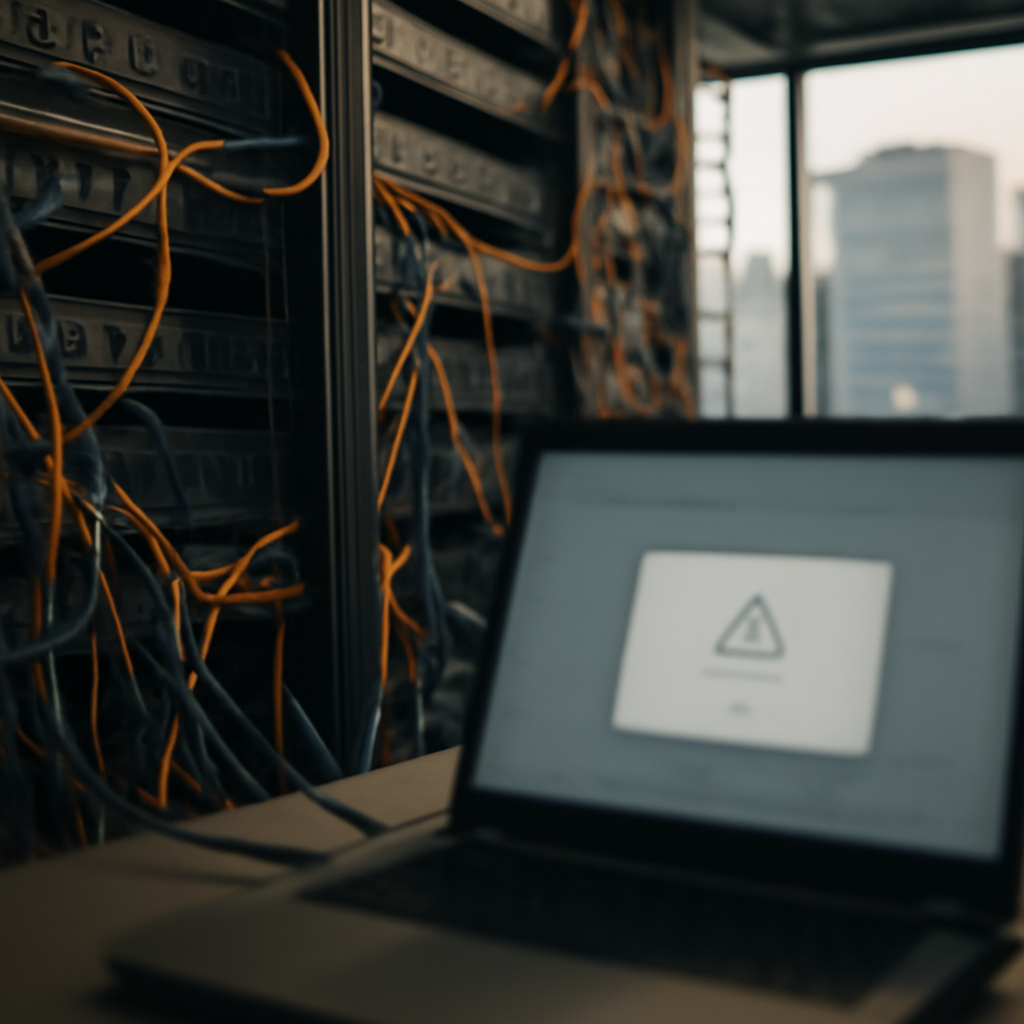 Server room with rack-mounted servers and cables, laptop screen in foreground shows blurry browser alert.