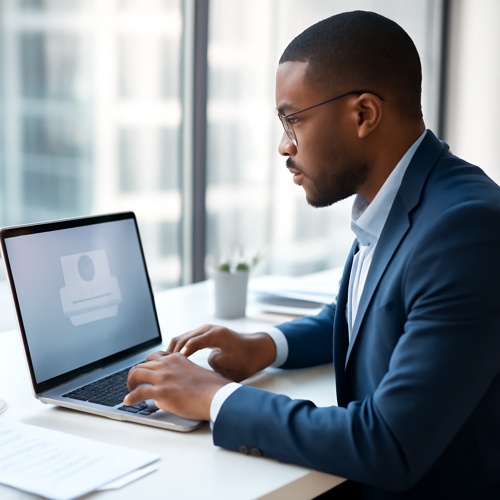 Business professional typing on laptop at modern office desk.