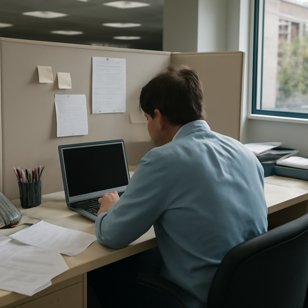 Person sitting at a desk with a laptop surrounded by office supplies in a brightly lit office setting.