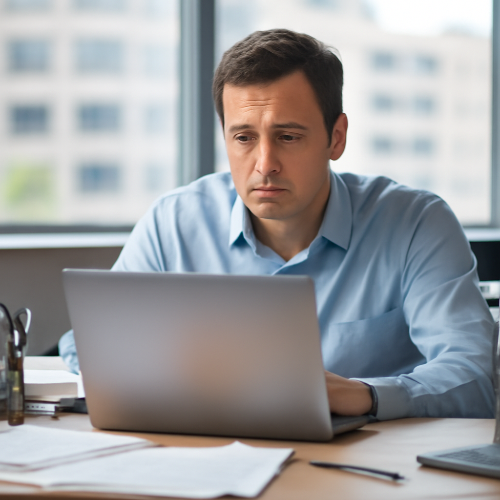 Office worker sits at desk with laptop, surrounded by papers, with a concerned expression.