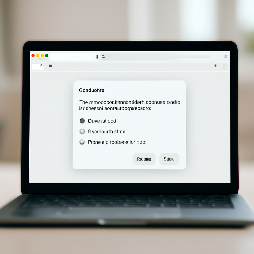Laptop screen displays browser extension permission settings in a bright, empty workspace.