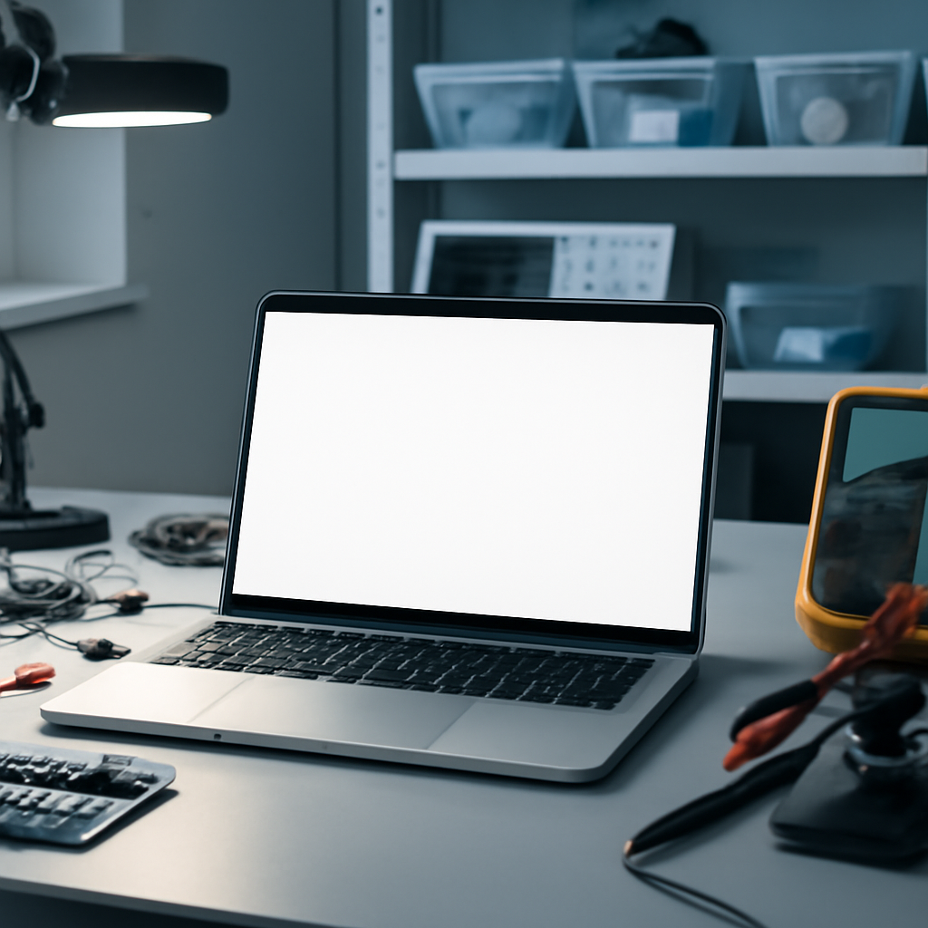 A laptop with a blank screen sits on a neutral surface, surrounded by development tools in a bright, clean tech lab setting.