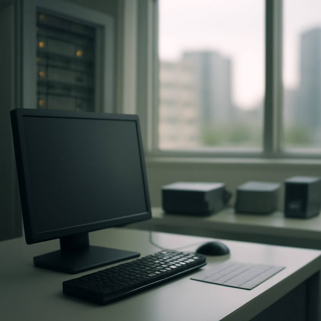 Secure facility interior with computer workstation and blurred cityscape in background.