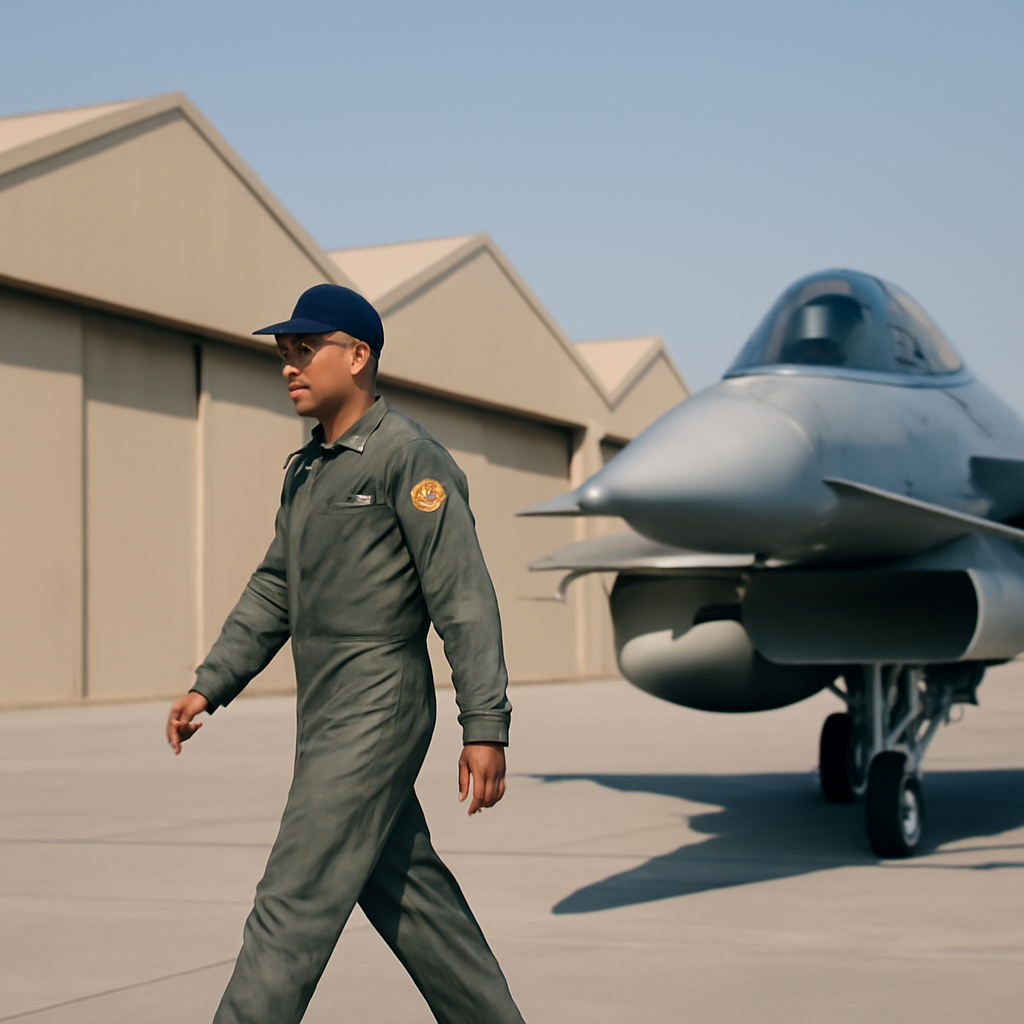 Royal Brunei Air Force technician walks past hangars with modern fast-jet in foreground.