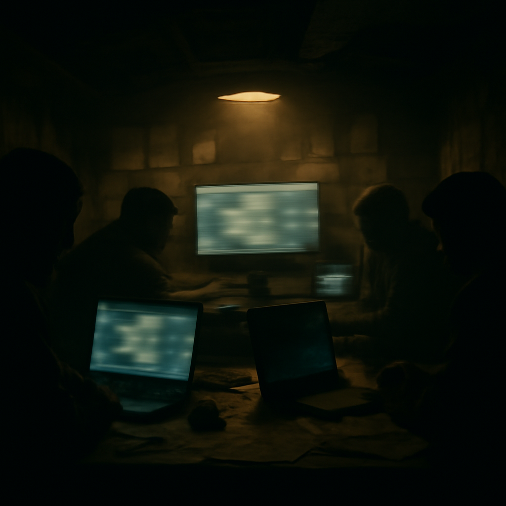 Darkened room with multiple screens and devices, individuals huddled around cluttered table with notes and papers.