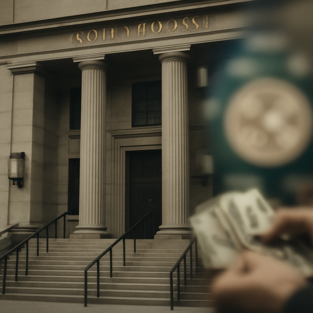 Courthouse interior with subtle crypto symbols, conveying institutional enforcement.