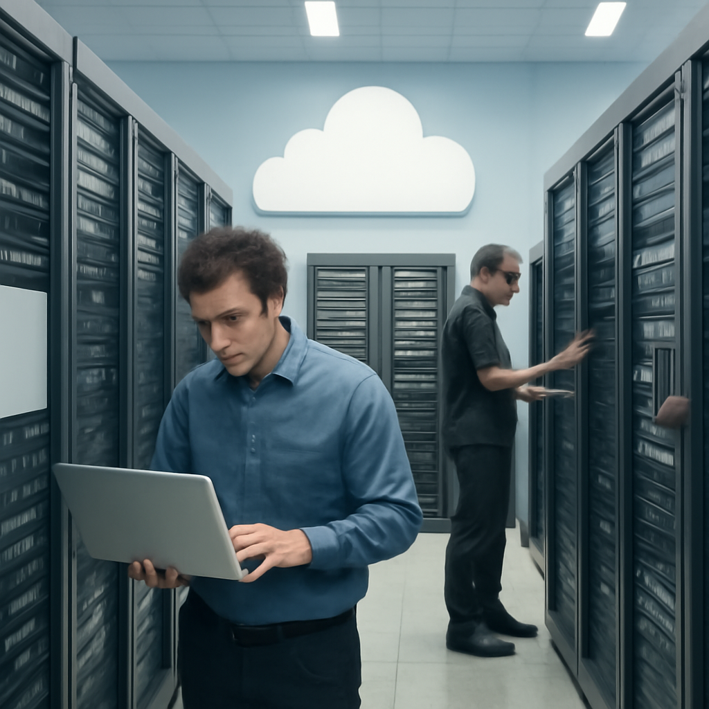 Technicians work in a brightly-lit server room with rows of equipment racks and servers.