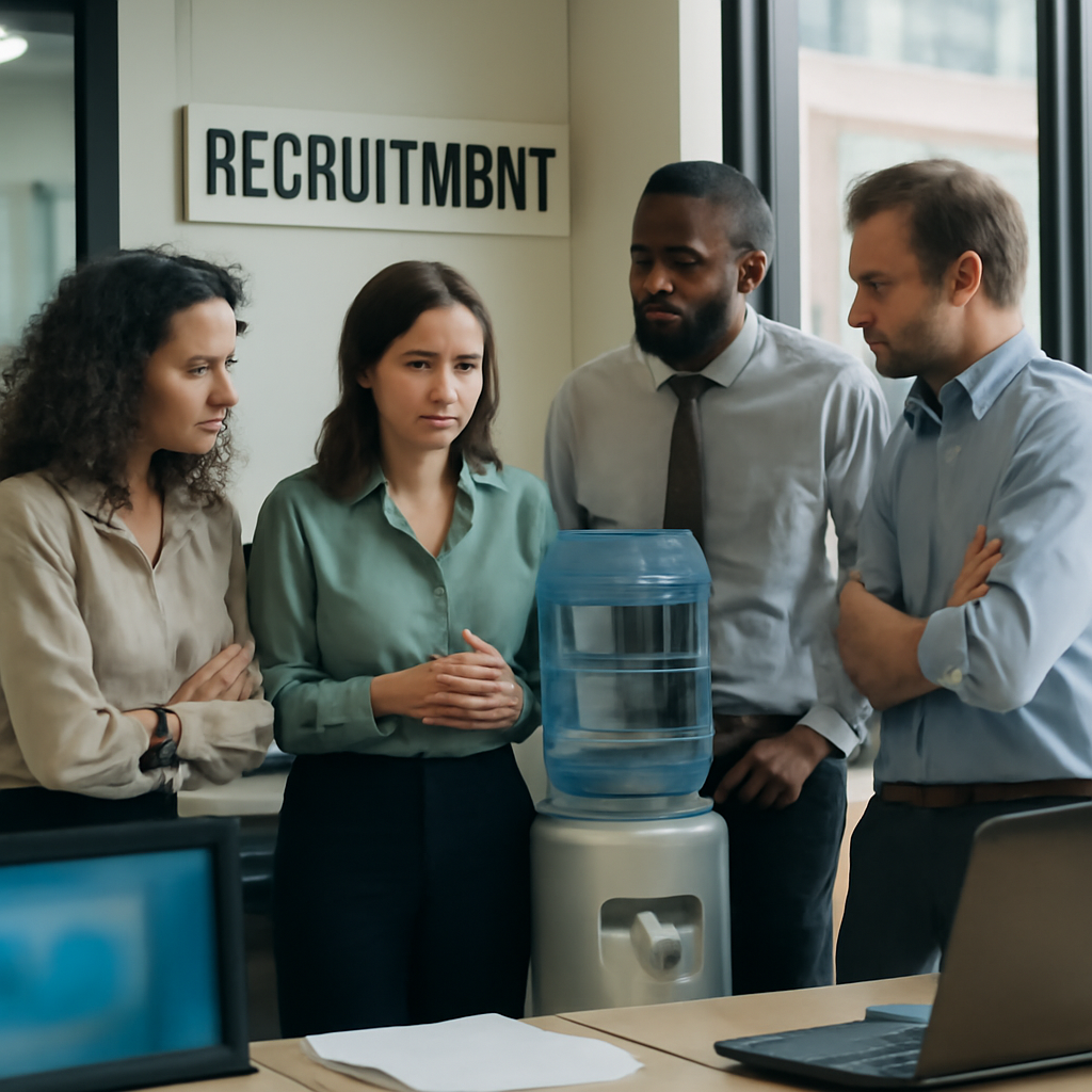 Employees gather around a water cooler, looking concerned and discussing something in a brightly-lit office break room.