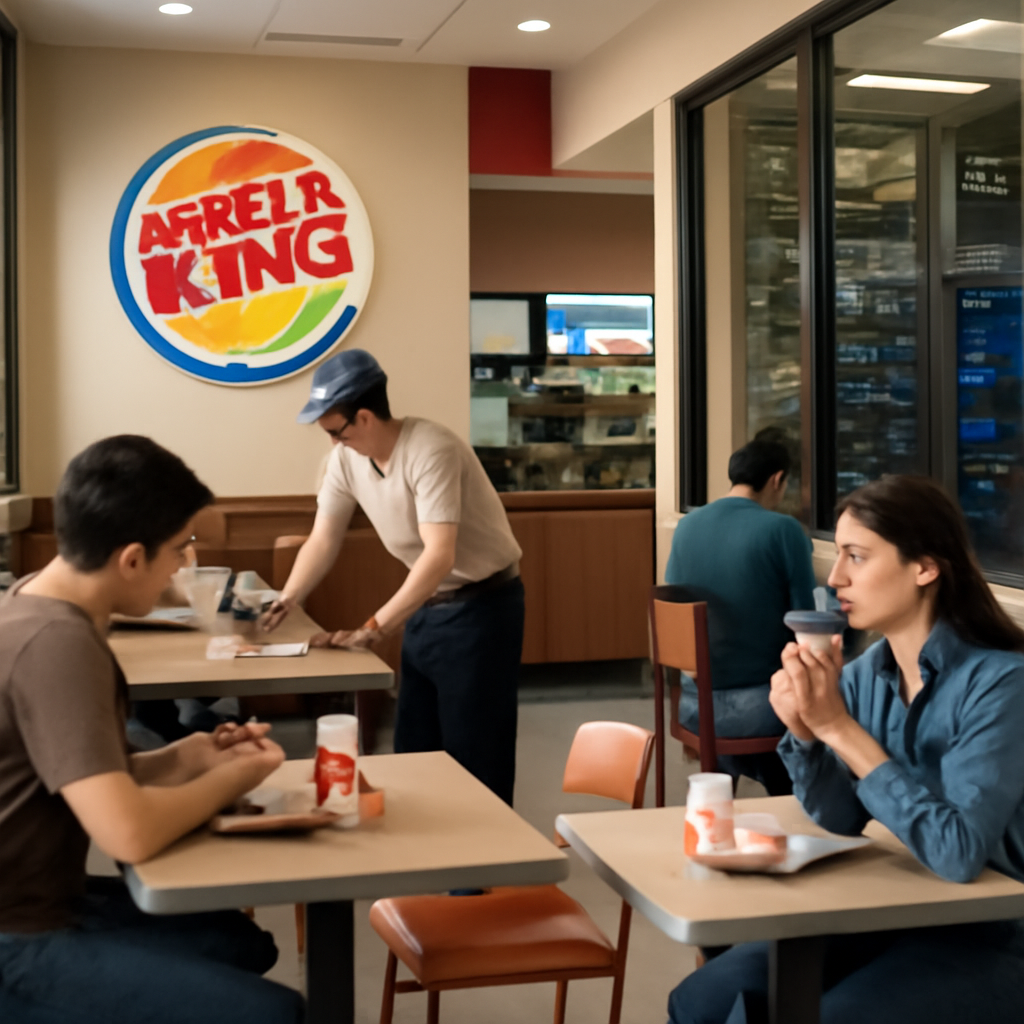 Burger King restaurant interior with customers and staff, server room blurred in background.