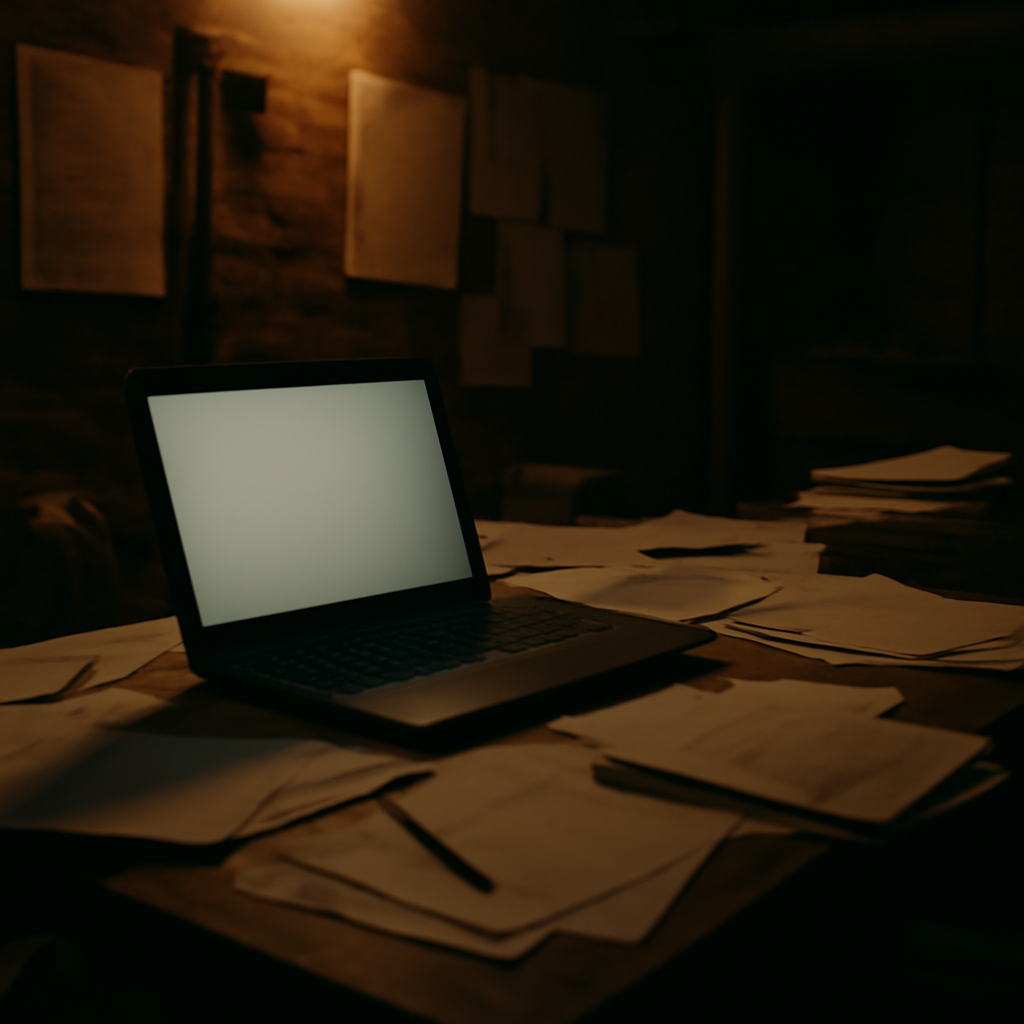 Cramped, dimly lit workspace with scattered laptop and papers, suggesting a makeshift operation.