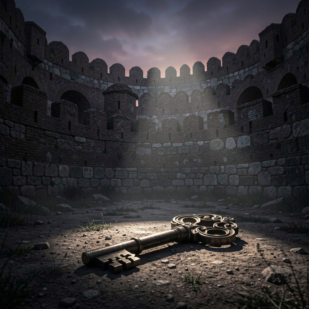 Concentric walls of ancient Byzantine fortification at dusk, with a single ornate key in the foreground.