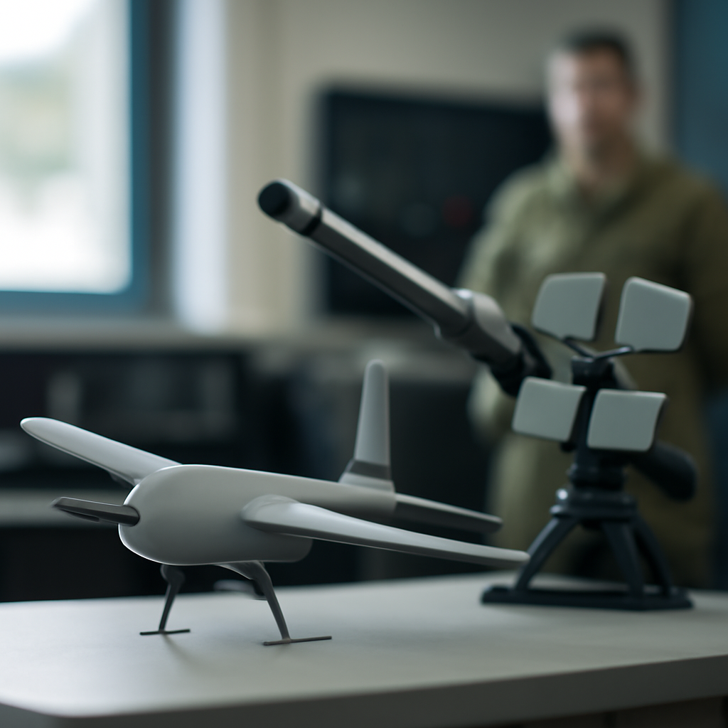 Counter-drone system tech displayed with a drone on a table.