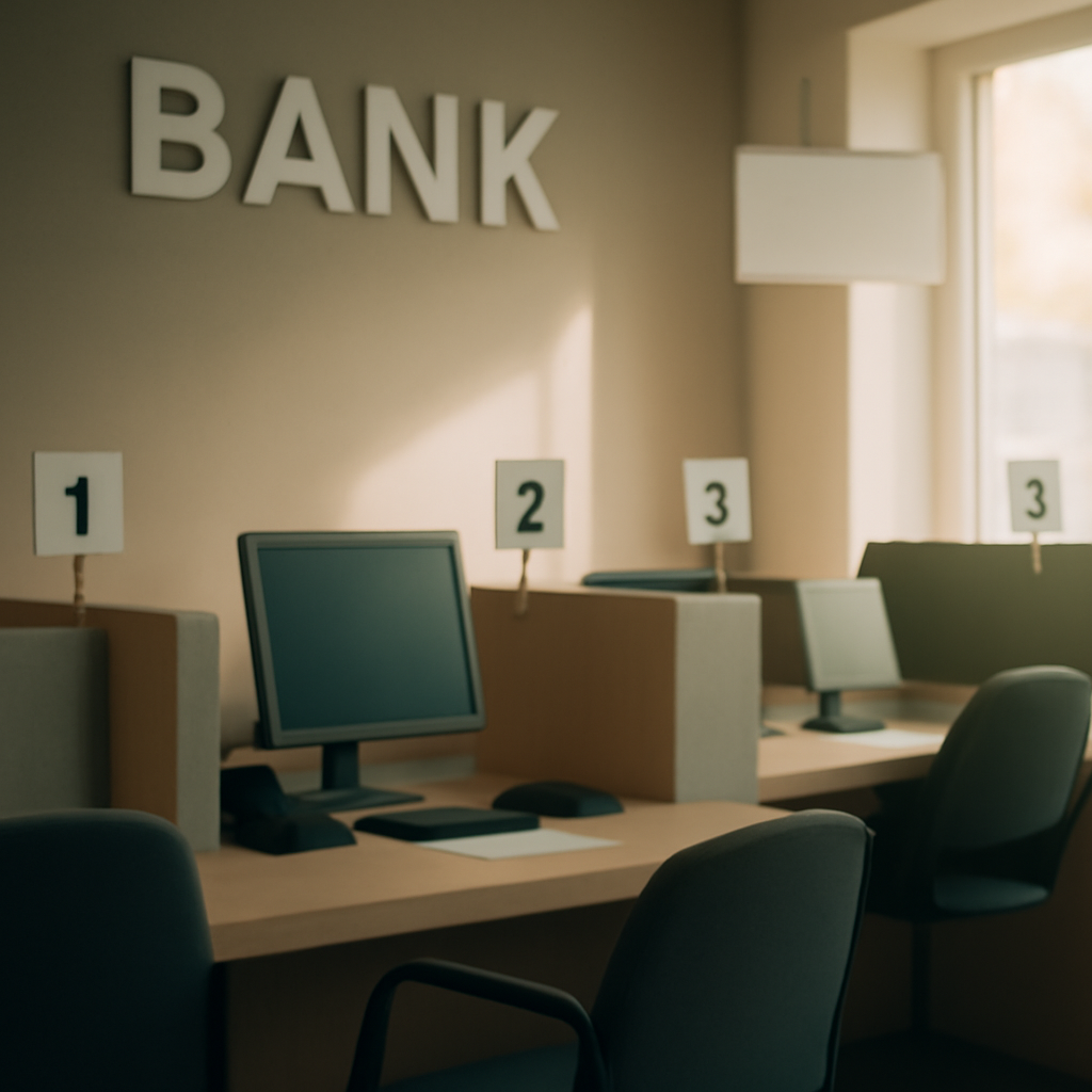 Bank interior with empty counter and terminals, lit by natural daylight streaming through a window.