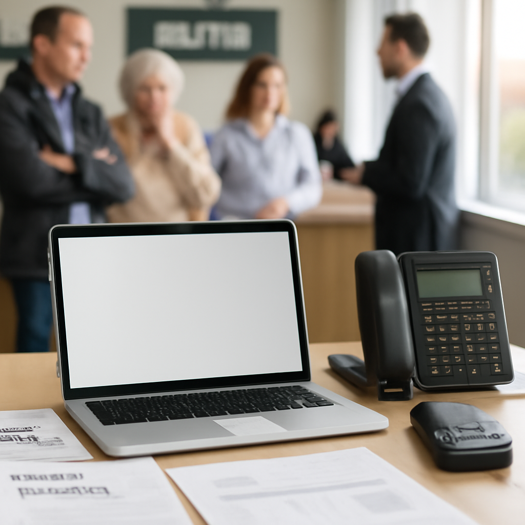 Bank interior with online banking workstation and concerned customers in background.