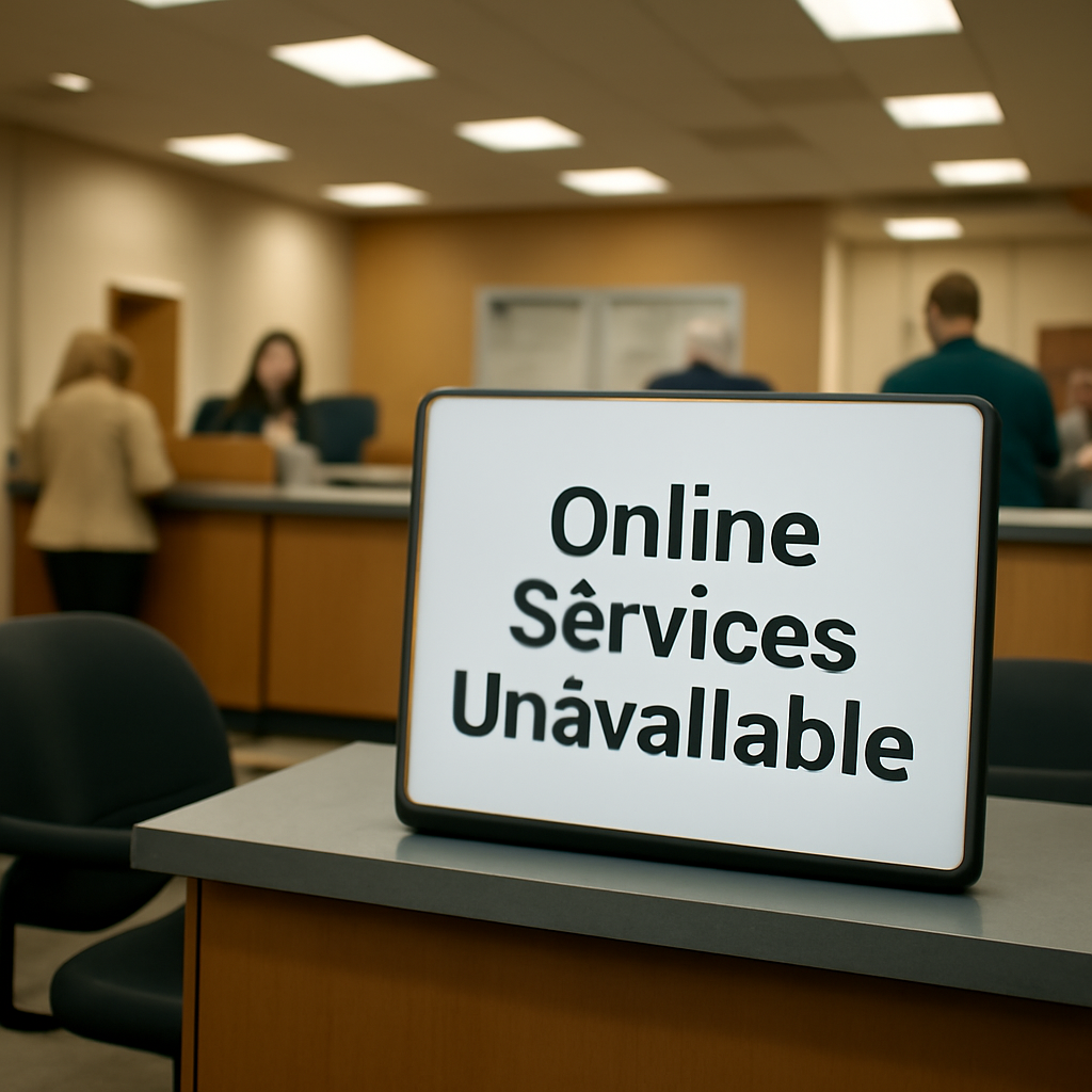 Bank branch interior with a sign reading Online Services Unavailable.