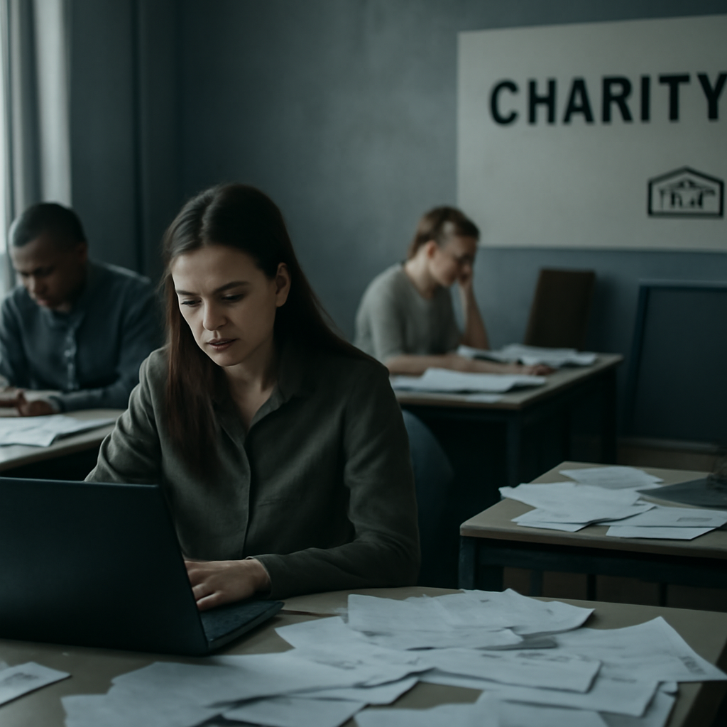 Charity office staff work amidst scattered papers and concerned expressions.