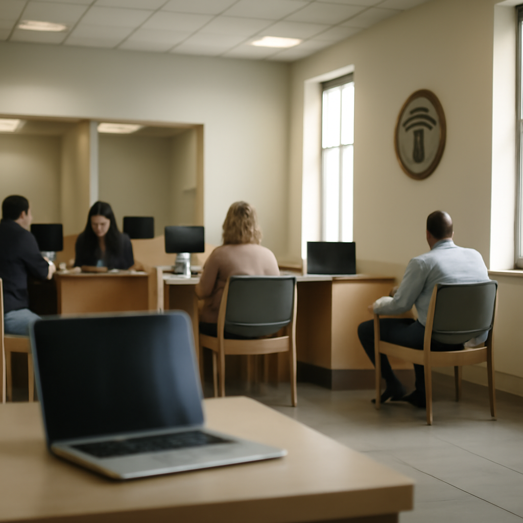 Bank interior with people waiting, laptop on counter in foreground.