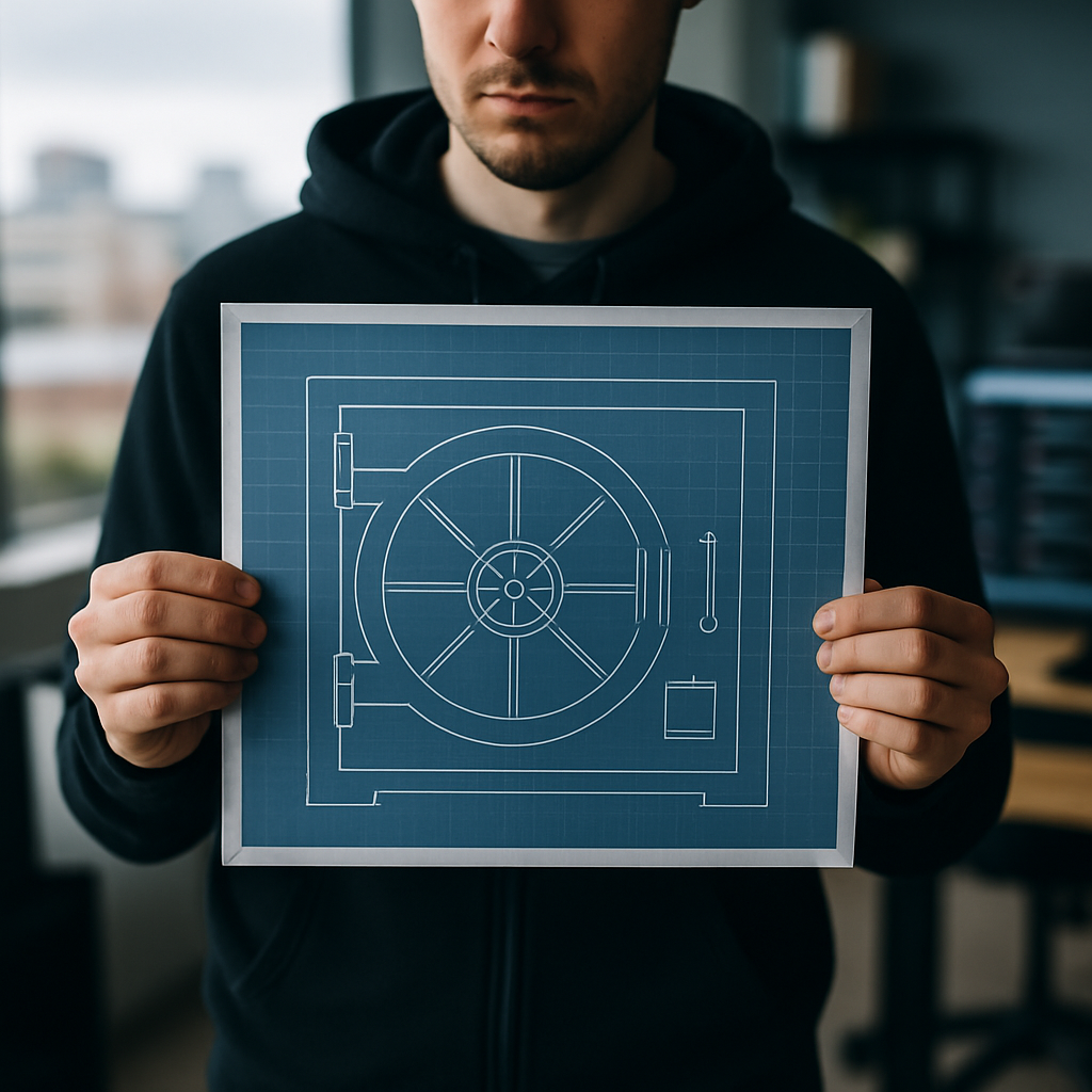 Person holding a blueprint of a bank vault in a modern office setting.