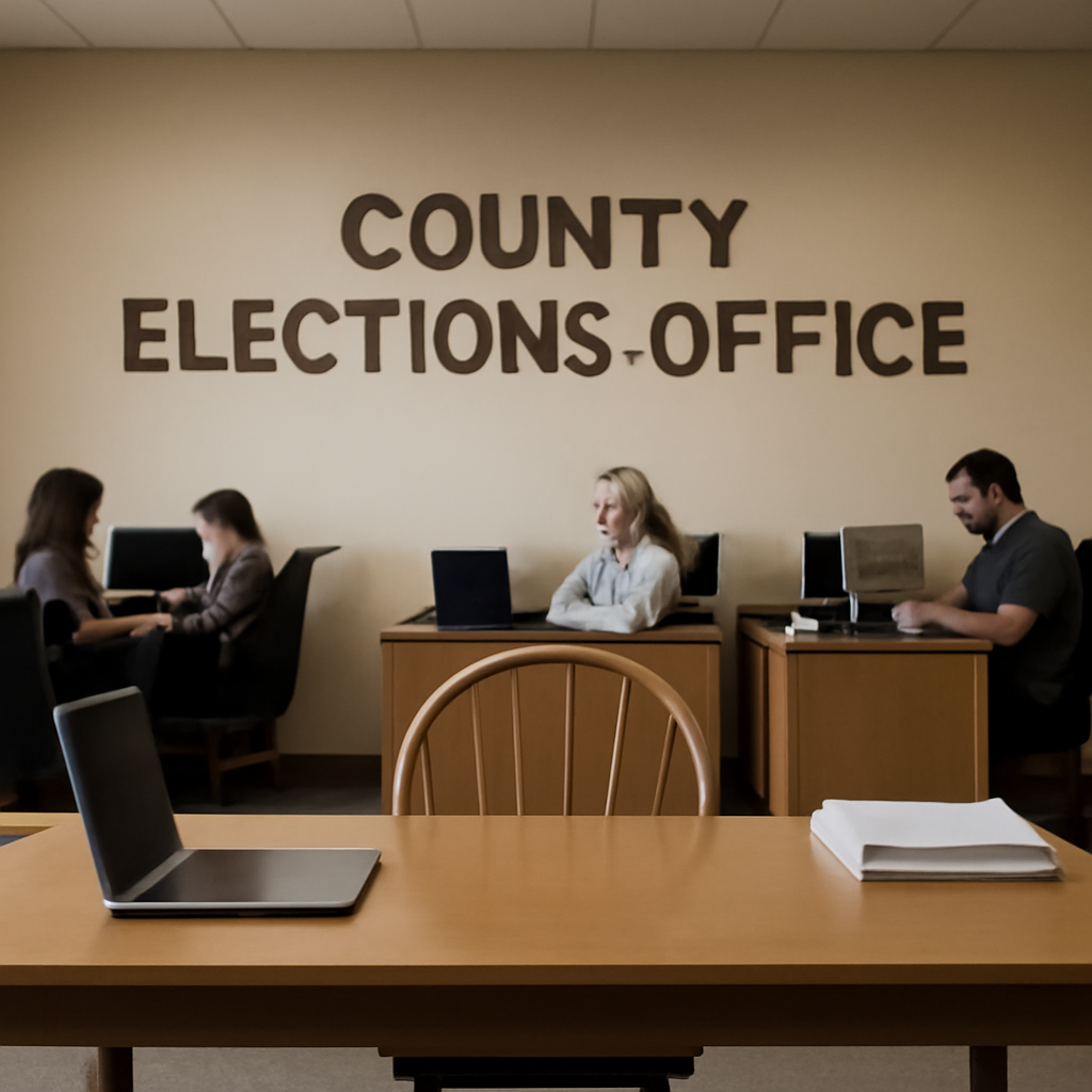 A county elections office with people working in the background and an empty chair in the foreground.