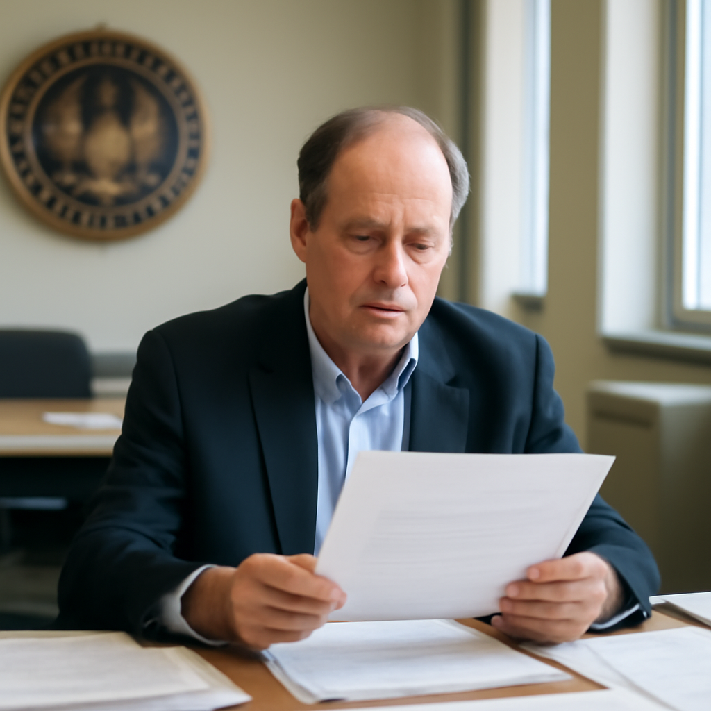 Middle-aged man sits at desk in government office, surrounded by papers and documents.
