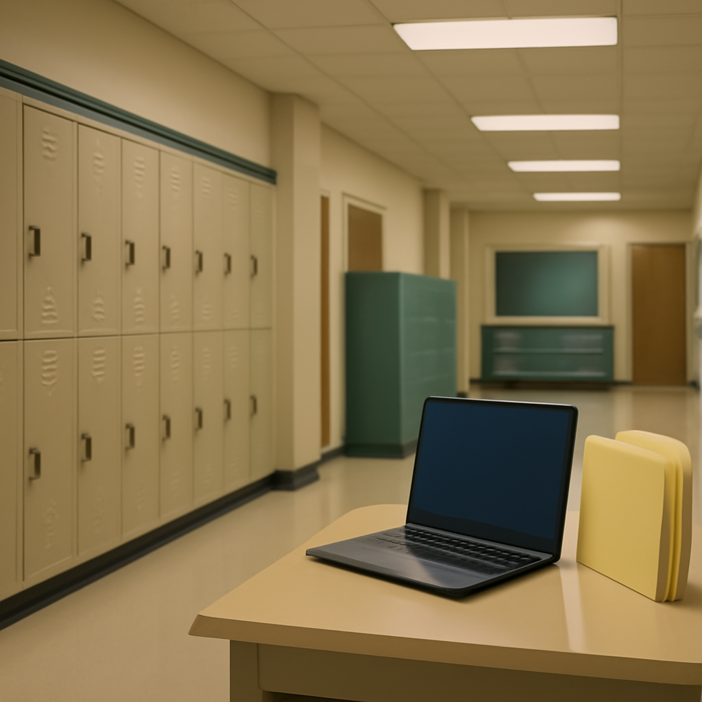 A calm school hallway with rows of lockers and desks, a laptop and papers hinting at a computer setup.