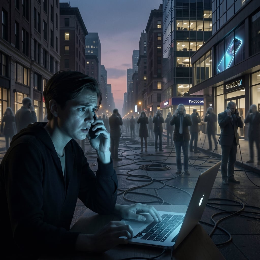 Person staring at laptop with concern, surrounded by ghostly figures making phone calls in a dark cityscape.