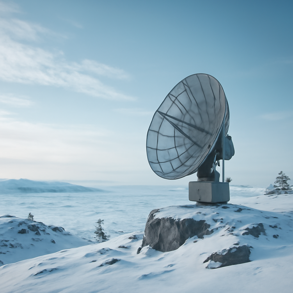 Radar equipment stands on a rugged Arctic hillside amidst sparse trees and rocky formations under a vast, cloudy sky.