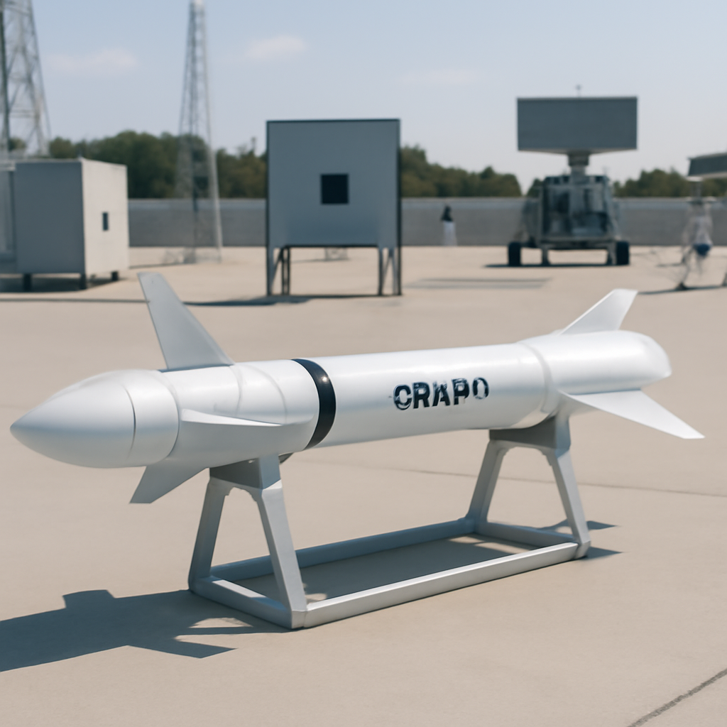 Futuristic counter-drone missile on display at testing facility.