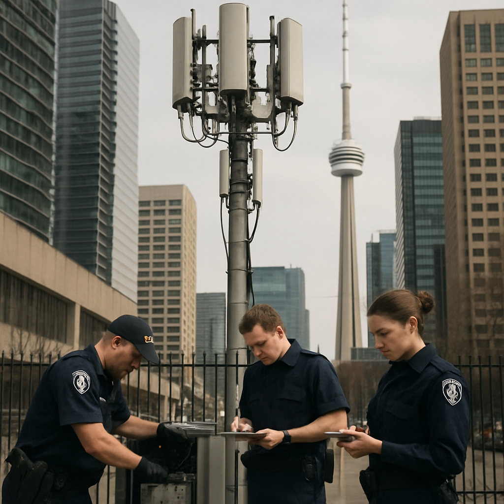 Police team examines equipment near cellular tower in downtown area.