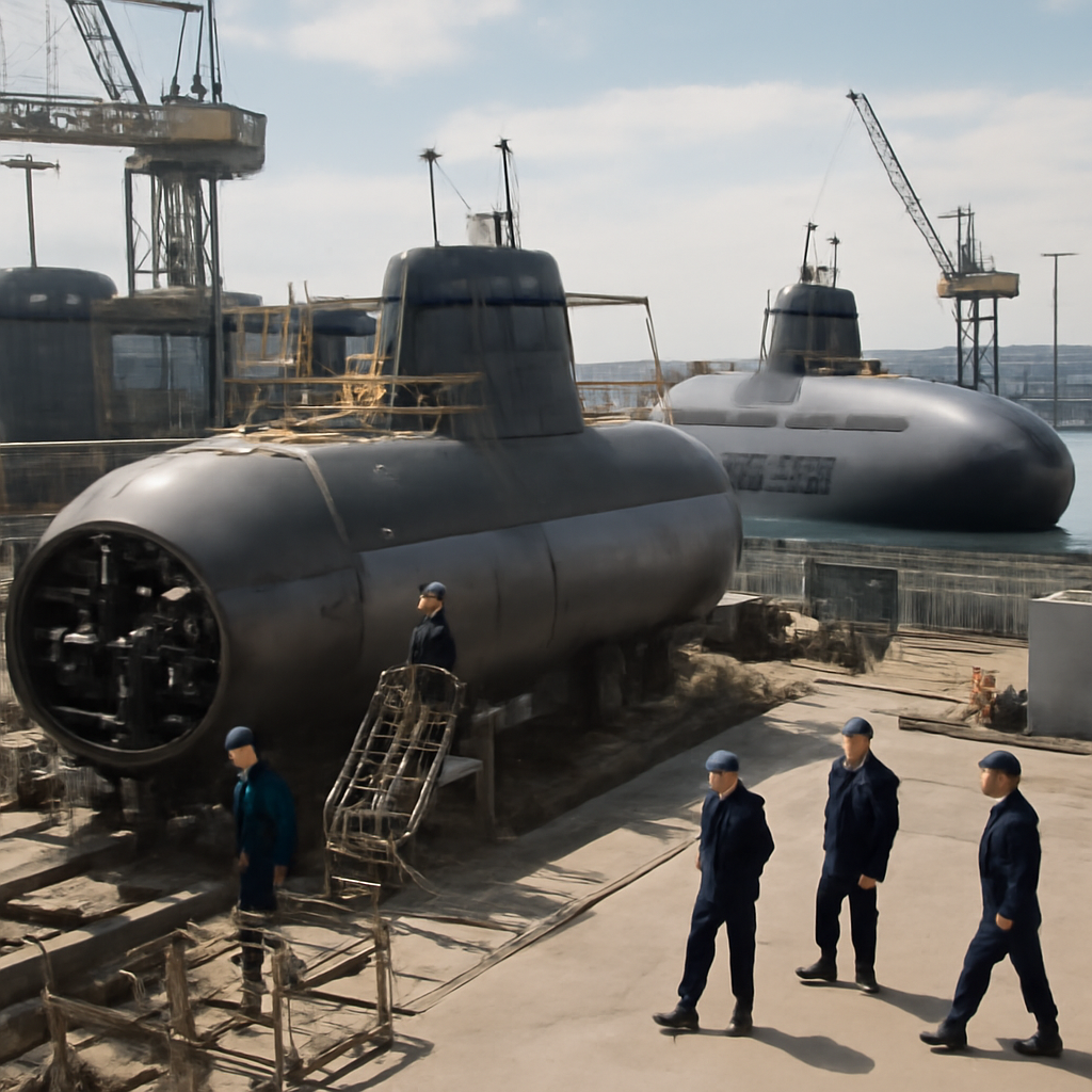 Royal Canadian Navy personnel and shipyard workers oversee construction of German-made Type 212CD submarines in a naval…