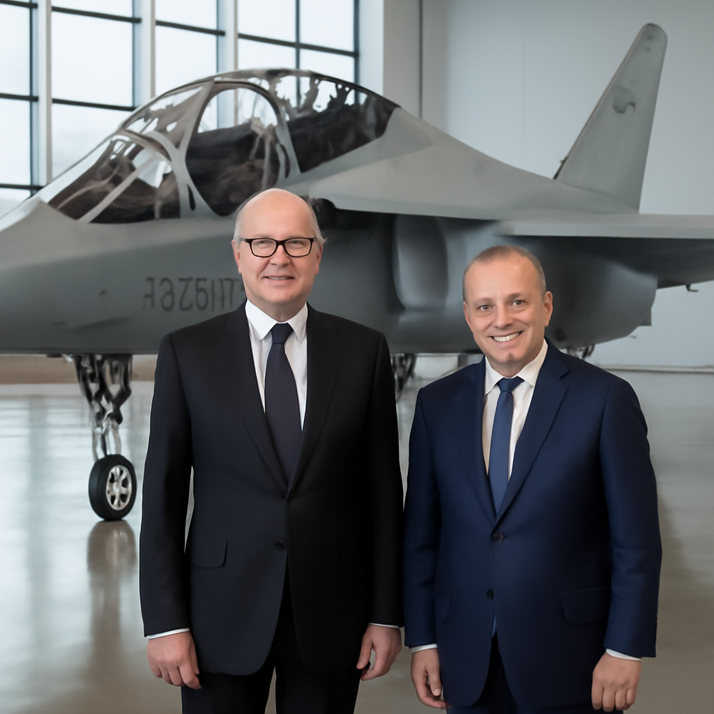 Dignitaries stand beside a sleek M-346 jet trainer aircraft in a bright hangar.