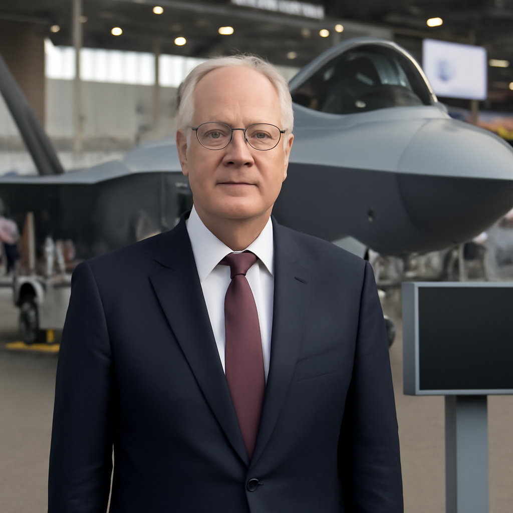 Defence Minister David McGuinty stands in front of a modern aircraft at an exhibition hall.
