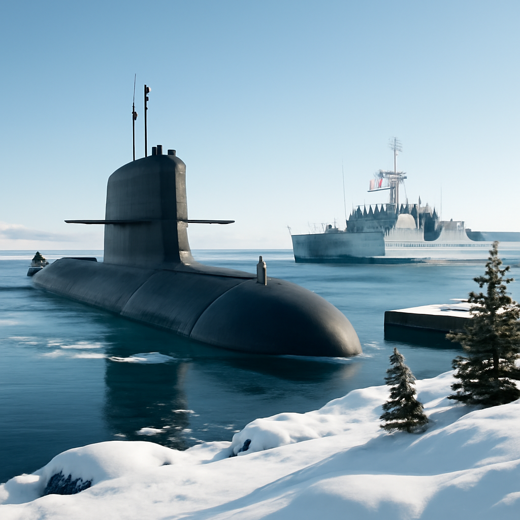 Modern submarine docked in icy harbor with Canadian naval vessel in background.