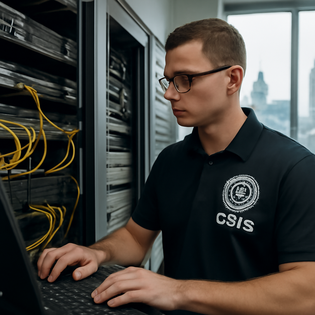CSIS agent surrounded by technology equipment in a neutral setting.