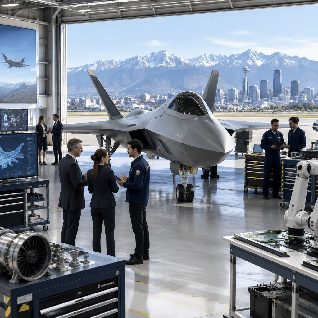 Sleek aircraft model surrounded by industry professionals in a hangar with cityscape background.