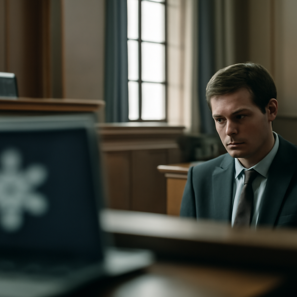Courthouse interior with blurred laptop, figure in foreground.