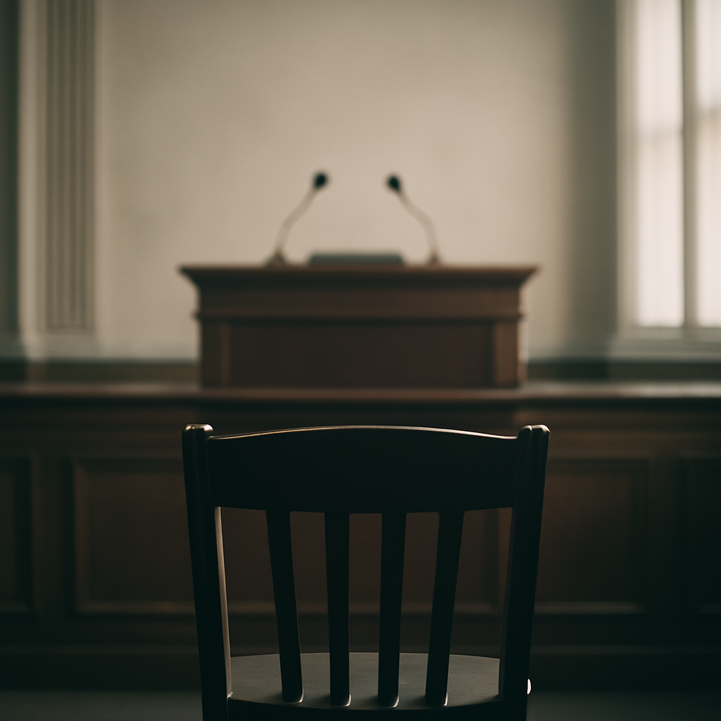Empty chair faces blurred podium in a neutral-colored courtroom or briefing room.