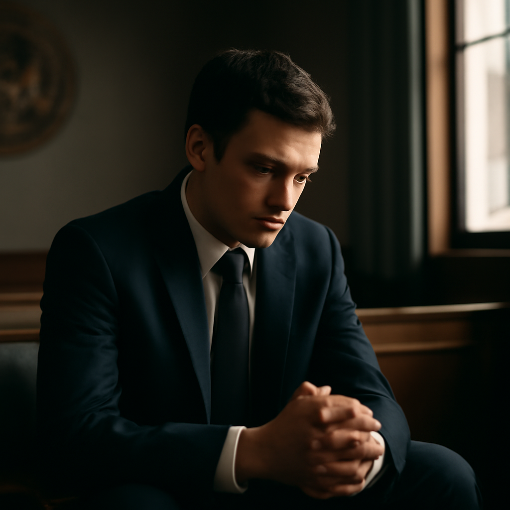 Young man sits in courtroom with somber expression, hands clasped together.