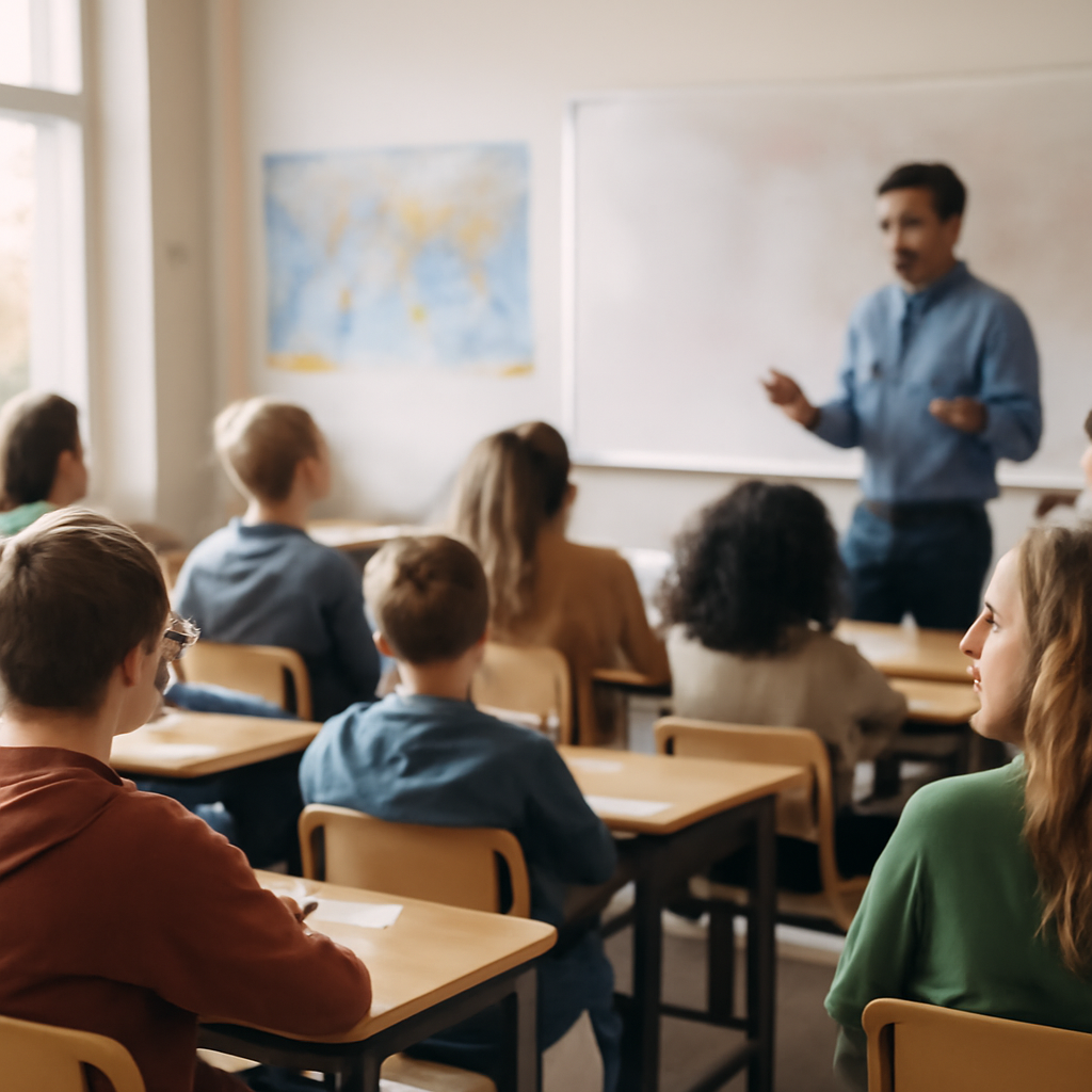 Students in a classroom with maps and globes, teacher at the front near a whiteboard, with natural daylight pouring in…