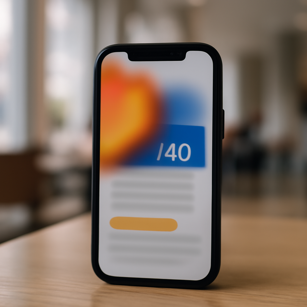 Smartphone screen with blurred ad on a table or in someone's hand, set against a neutral city or coffee shop background.