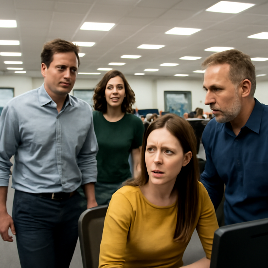 Concerned office workers in casual attire gather near computer terminals.