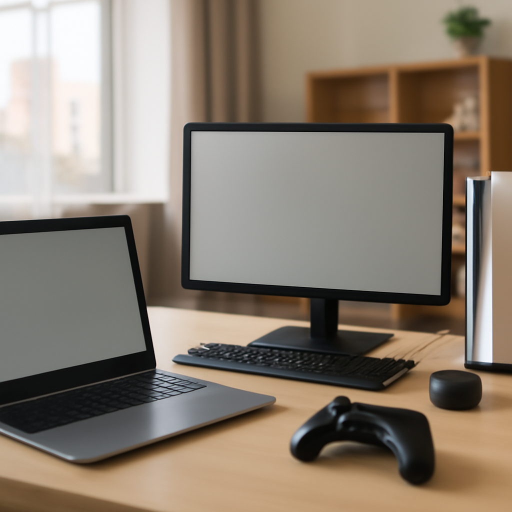 A blurred laptop screen sits on a desk in a home office with a cityscape in the background.