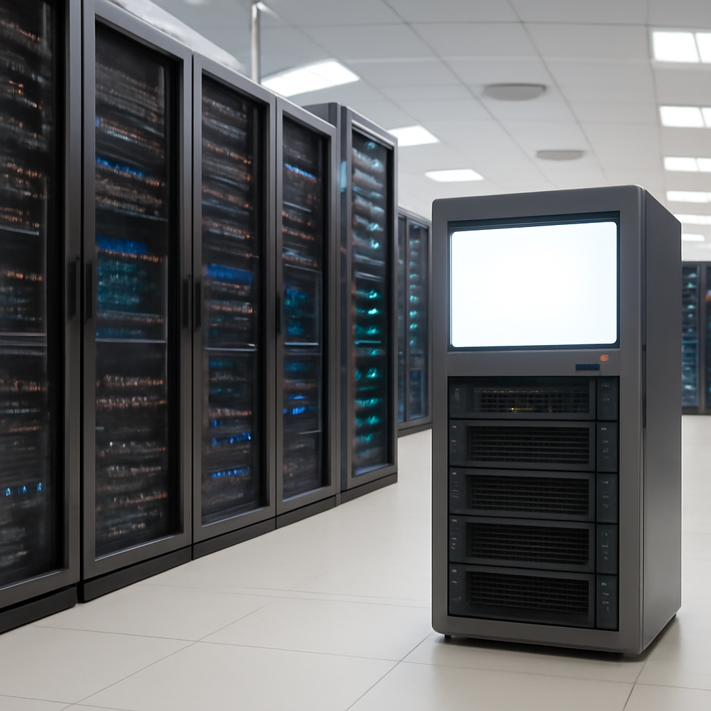 Rows of server racks and networking equipment in a brightly-lit data center with a single isolated server in the foreground.