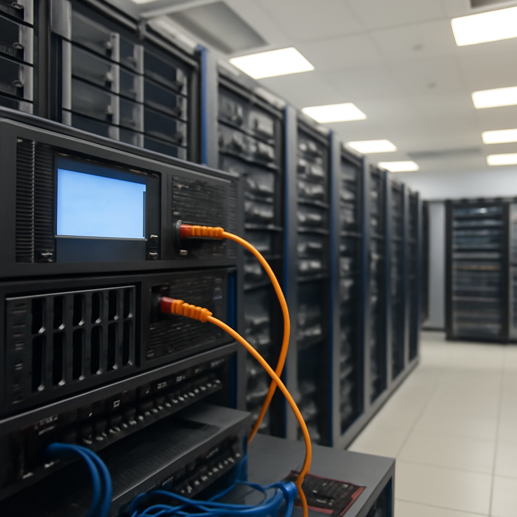 Rows of computer servers and storage equipment in a brightly-lit data center with one server's screen blurred.