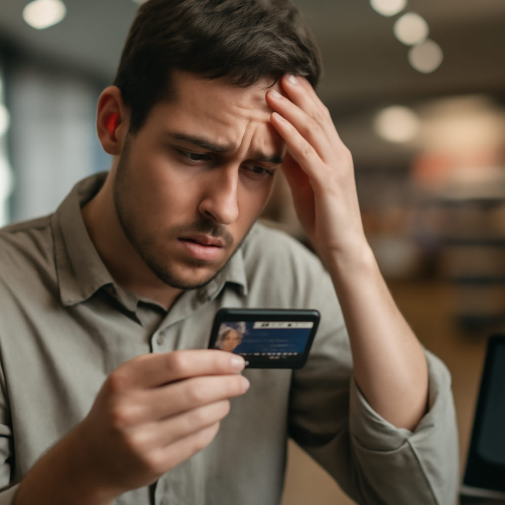 Person holds credit card, looking concerned in front of blurred retail store background.