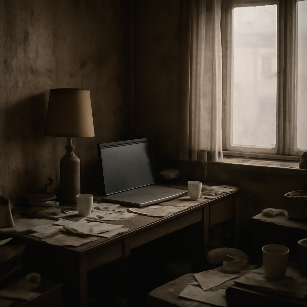 Cluttered, dimly lit room with laptop on worn desk, surrounded by papers and household items.