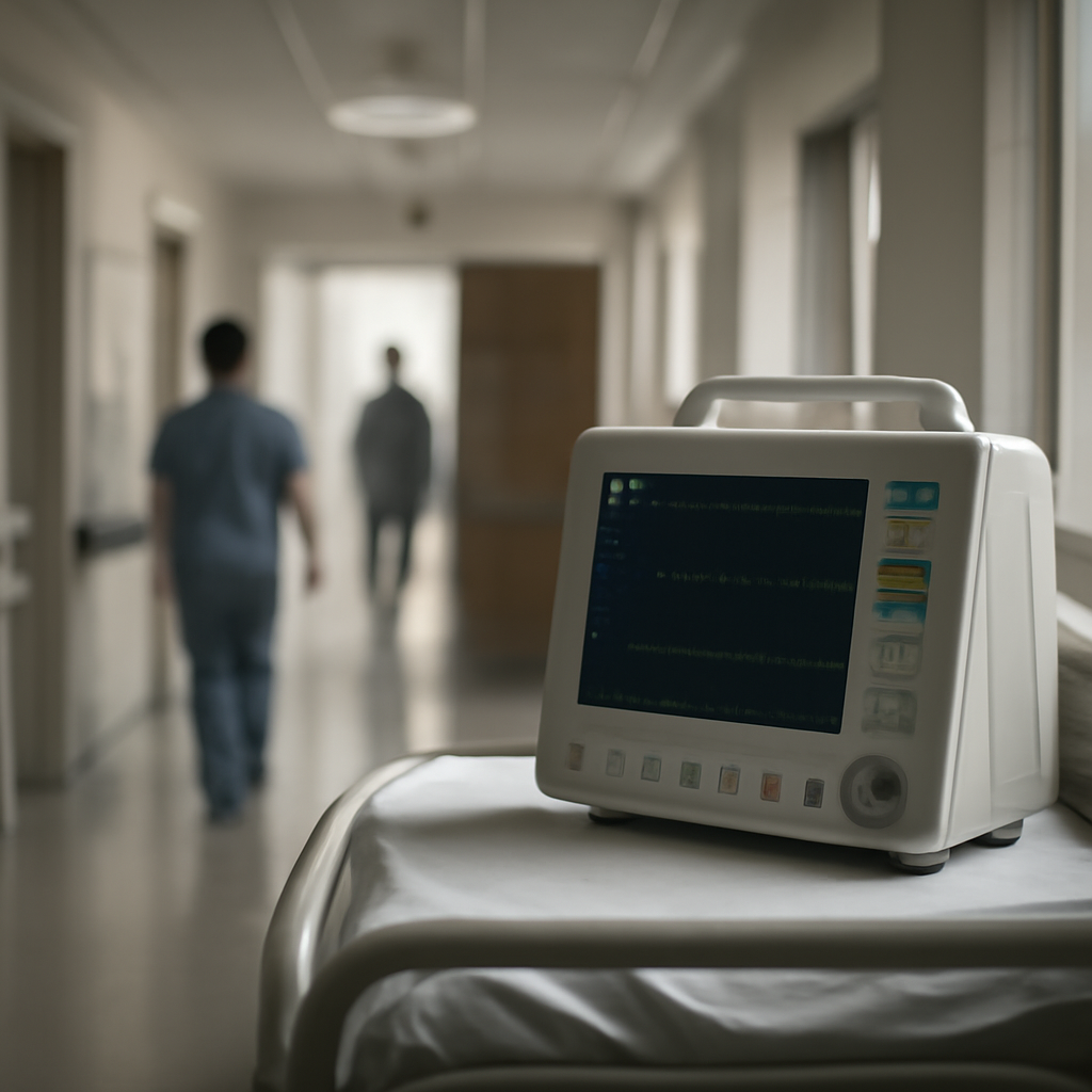 Cardiac monitor on hospital trolley in brightly lit corridor with slightly ajar door in background.